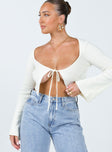 Front view of model wearing  front Princess Polly Full Sleeves Scoop Neck  Rosette Knit Top Cream