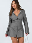 Front view of model wearing  front Princess Polly V-Neck V-Neck  Anni Pin Stripe Mini Dress Grey