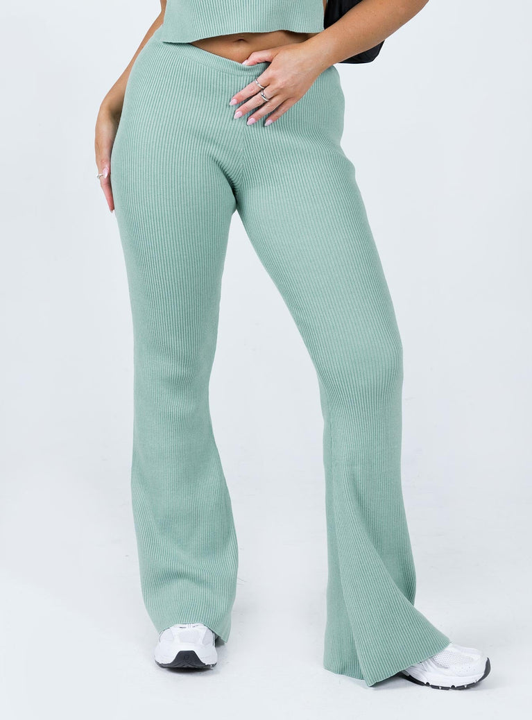 Front view of model wearing  front Princess Polly  Hutchies Knit Pant Green