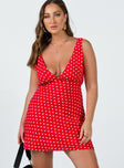 Front view of model wearing  front Princess Polly Scoop Neck  Nellie Mini Dress Red Polka Dot