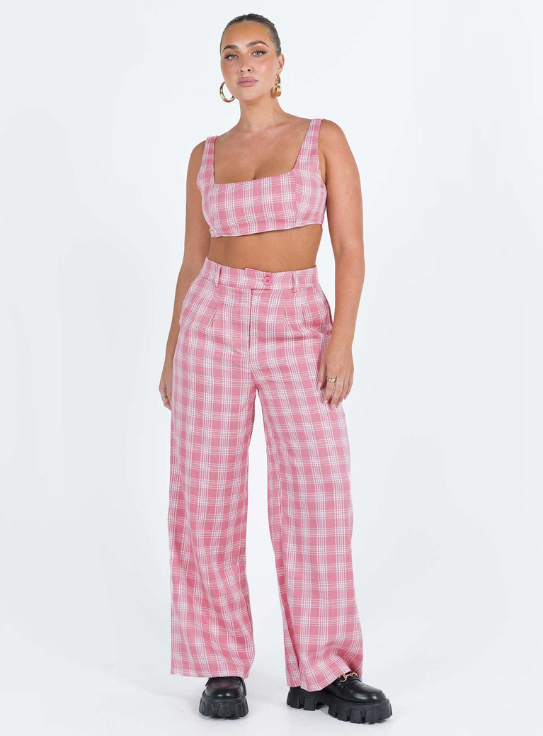 Matching set Check print Crop top Invisible zip fastening at side High waisted pants Wide leg Belt looped waist Zip and button fastening