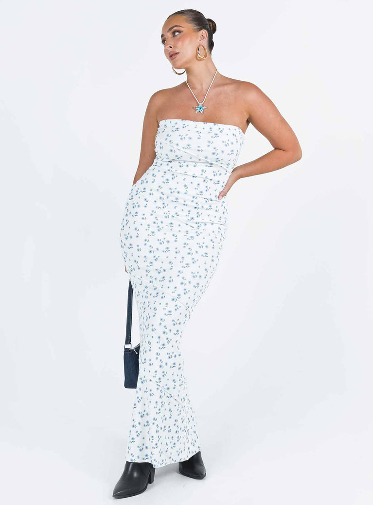 Front view of model wearing  front Princess Polly Square Neck  Oscar Maxi Dress Blue Floral