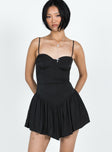 Front view of model wearing  front Princess Polly Sweetheart Neckline  Camille Mini Dress Black