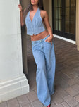 front view of model wearing Princess Polly Pearlisle Baggy Jeans Light Wash Low Rise Jeans 