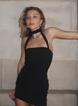 back view of model wearing Princess Polly 1999 Mini Dress Onyx Asymmetric Neckline 