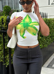 front view of model wearing Princess Polly Tiona Summer Flower Top White / Lime Short Sleeves Crew Neck 