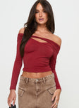 front view of model wearing Princess Polly Kressida Off The Shoulder Top Red Full Sleeves Asymmetric Neckline 