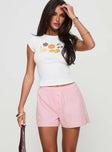 front view of model wearing Princess Polly Addee Boxer Short Pink High Waisted Shorts 