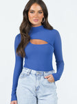 front view of model wearing Princess Polly Greaves Long Sleeve Bodysuit Cobalt Full Sleeves High Neck 