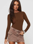 front view of model wearing Princess Polly Gatewood Long Sleeve Bodysuit Brown Full Sleeves Boat Neck 