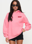 front view of model wearing Princess Polly Princess Polly Hooded Sweatshirt Bubble Text Pink / Red 