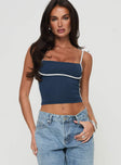 front view of model wearing Princess Polly Maidenwell Contrast Top Blue Sleeveless Square Neck 