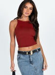 Front view of model wearing  front Princess Polly Sleeveless Square Neck  Crueller Top Burgundy