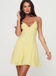 side view of model wearing Princess Polly Webbs Mini Dress Yellow Plunger 