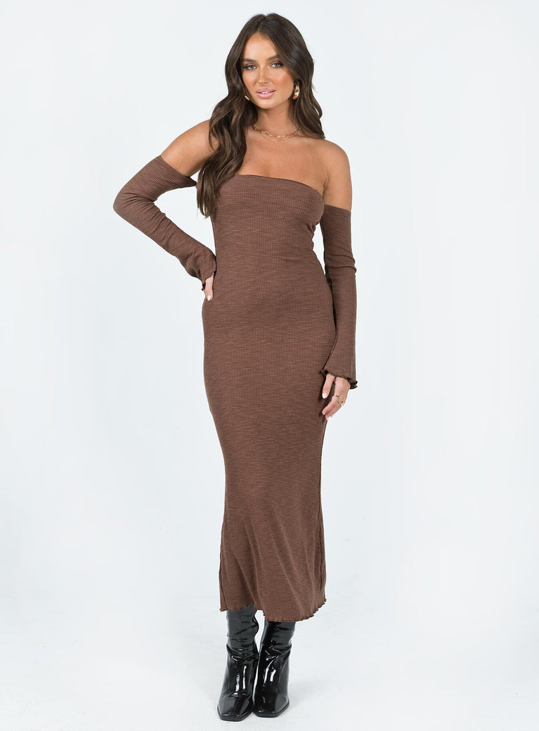 Front view of model wearing  front Princess Polly Asymmetric Neckline  Calida Midi Dress Brown