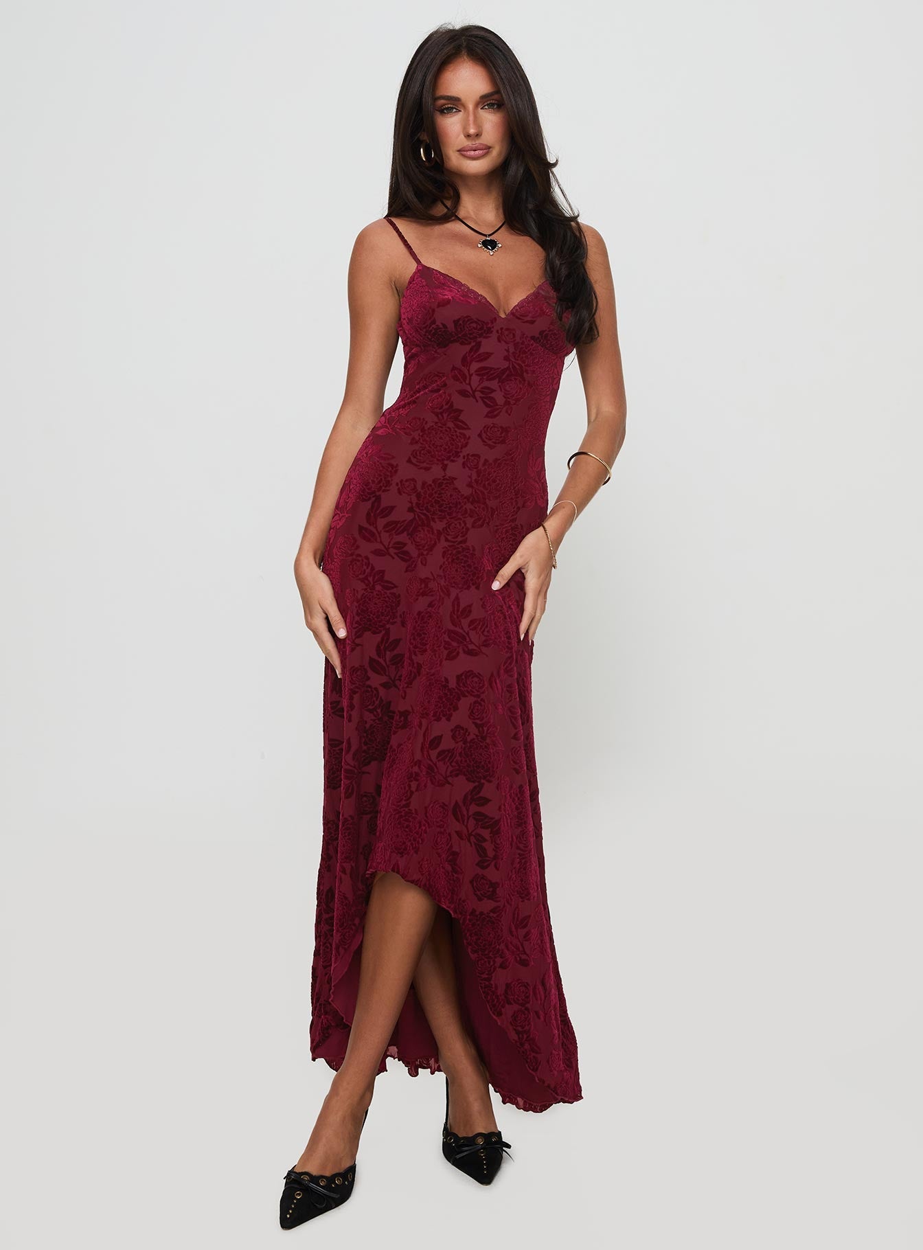 Shop Formal Dress - Rumours Slippy Burnout Maxi Dress Burgundy fifth image