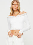 Front view of model wearing  front Princess Polly Full Sleeves Square Neck  Kellis Off The Shoulder Top White