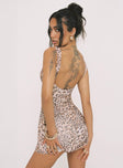 back view of model wearing Princess Polly Zuba Mini Dress Leopard V-Neck 