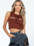 back view of model wearing Princess Polly Howdy Lace Up Tank Brown Sleeveless Crew Neck 