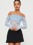 Front view of model wearing  front Princes Polly Full Sleeves  Weaver Off Shoulder Lace Bodysuit Blue