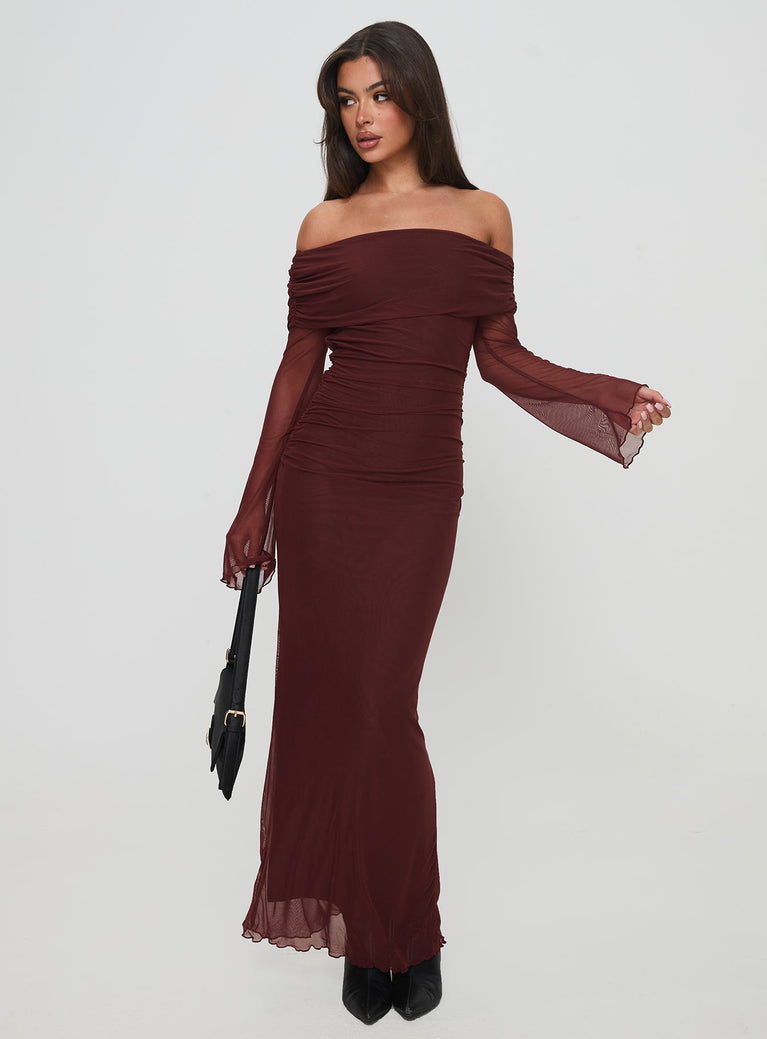 front view of model wearing Princess Polly Consideration Maxi Dress Chocolate Straight Neck 