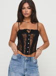 front view of model wearing Princess Polly Sambo Corset Top Black Sleeveless Square Neck 