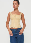 front view of model wearing Princess Polly Chalamet Top Champagne Sleeveless Square Neck 