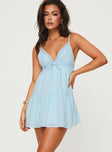 side view of model wearing Princess Polly Nicoletta Mini Dress Light Blue Plunger 