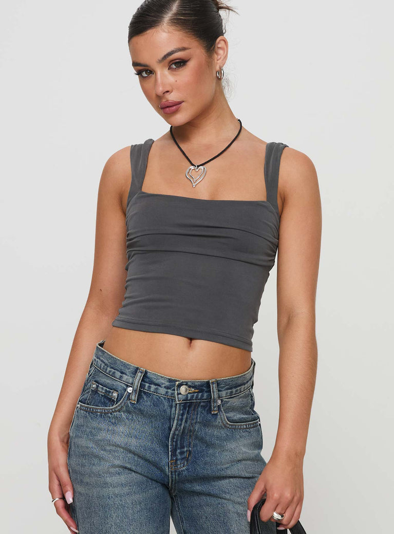 front view of model wearing Princess Polly Francois Backless Top Slate Sleeveless Square Neck 