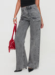 side view of model wearing Princess Polly Chad Cargo Jeans Grey Wash Denim Mid Rise 