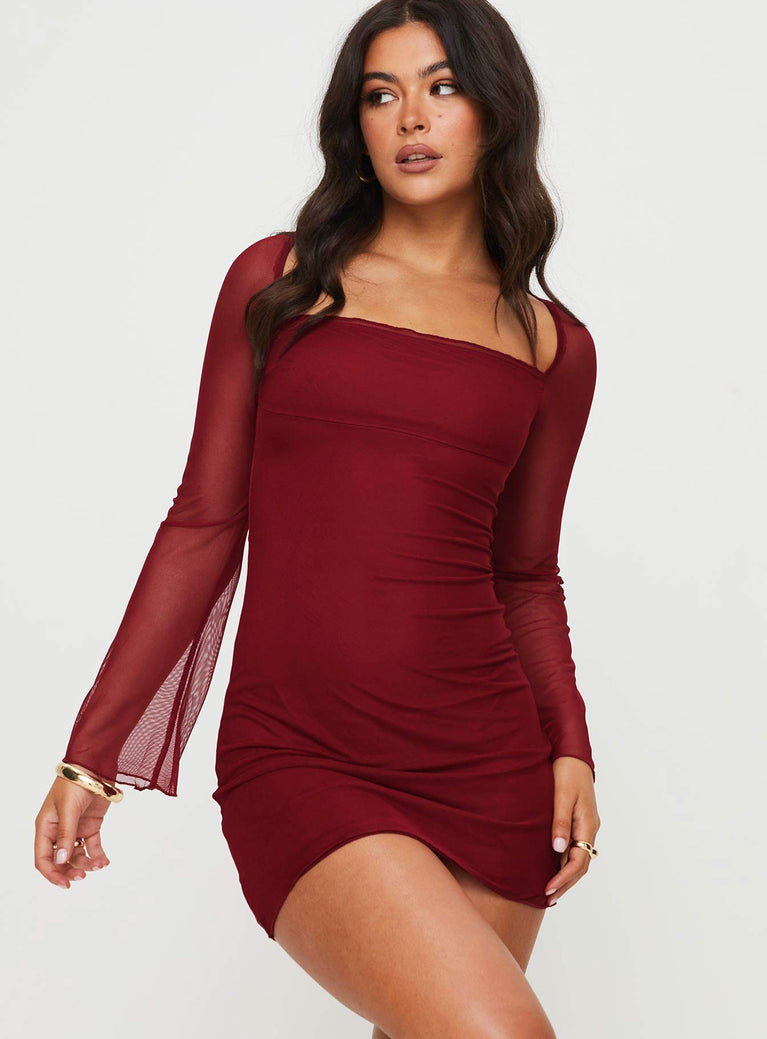 product Princess Polly High Neck  Bilbao Long Sleeve Mini Dress Burgundy