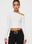 front view of model wearing Princess Polly Malian Long Sleeve Top White Full Sleeves Asymmetric Neckline 