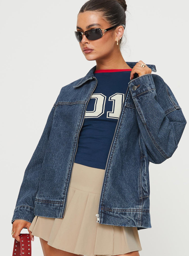 Denim bomber jacket Pointed collar, zip fastening down front, twin hip pockets, single button cuff