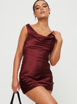 Front view of model wearing  front Princess Polly Crew Neck  Millstone Mini Dress Burgundy