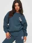 front view of model wearing Princess Polly Princess Polly Crew Neck Sweatshirt Cursive Text Navy / White 