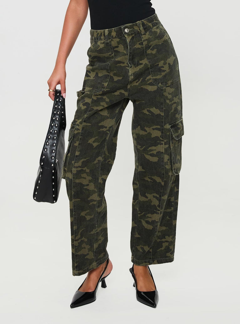 front view of model wearing Princess Polly Bodhi Utility Cargo Pants Camo High Waisted Pants 