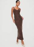 side view of model wearing Princess Polly Laurette Maxi Dress Brown Plunger 