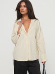 front view of model wearing Princess Polly Mallin Shirt Cream/Brown Stripe Full Sleeves V-Neck 