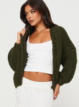 back view of model wearing Princess Polly Lester Knit Cardigan Olive Long 