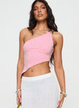 front view of model wearing Princess Polly Toomba One Shoulder Top Pink Sleeveless Asymmetric Neckline 