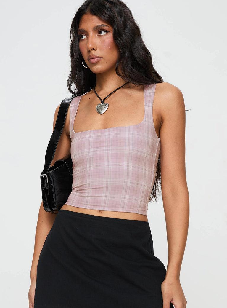 side view of model wearing Princess Polly Back In Time Top Pink Check Sleeveless Square Neck 