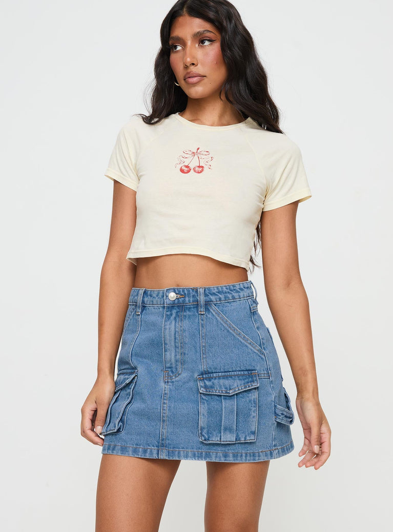   front view of model wearing Princess Polly Chillders Denim Mini Skirt Mid Wash Tall Mini Skirts 