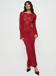 front view of model wearing Princess Polly Pricely Long Sleeve Maxi Dress Red Boat Neck Boat Neck 