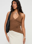 front view of model wearing Princess Polly Marvin Halter Top Brown Sleeveless V-Neck 