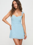 front view of model wearing Princess Polly Landon Mini Dress Blue Sweetheart Neckline 