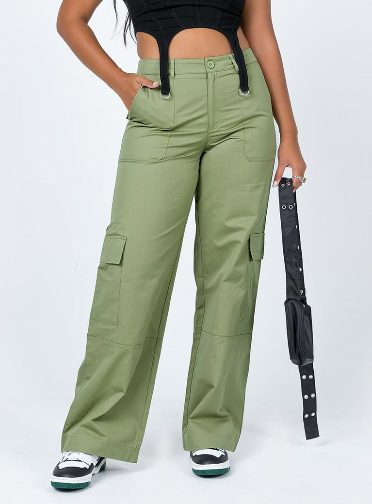 back view of model wearing Princess Polly Luna Mid Rise Cargo Pants Green 