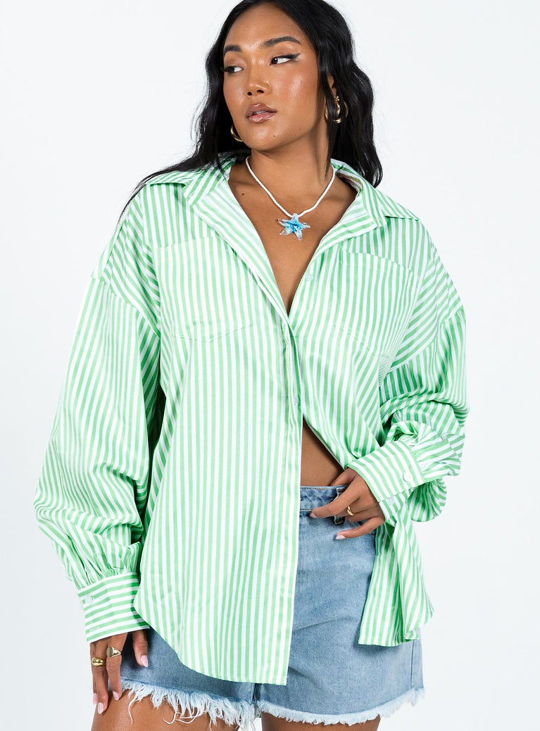 Front view of model wearing  front Princess Polly Full Sleeves V-Neck  Swindon Shirt Green Stripe