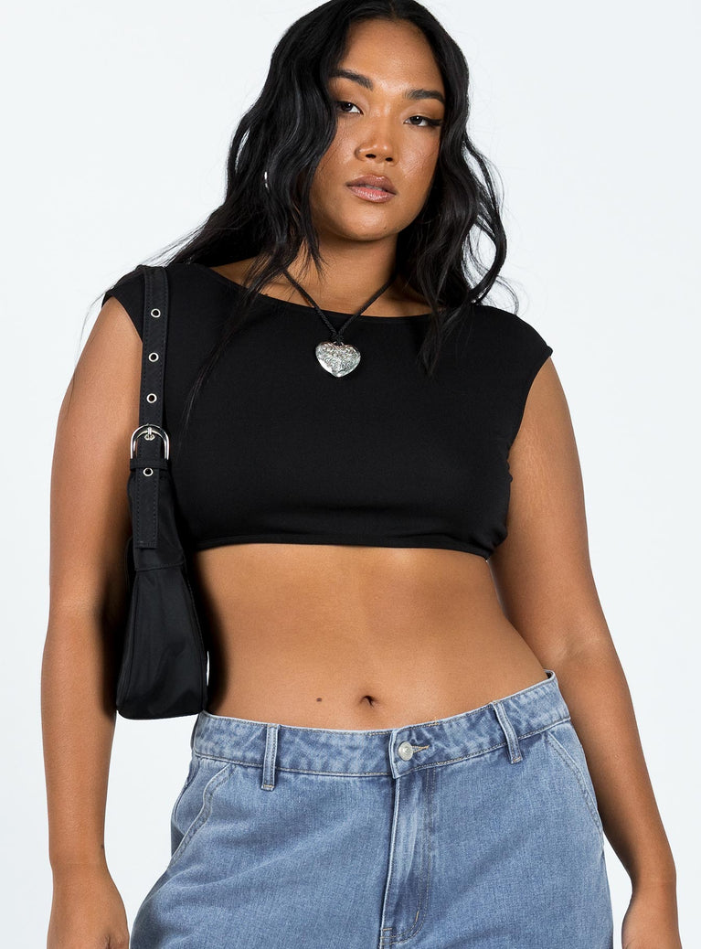 Front view of model wearing  front Princess Polly Sleeveless Square Neck  Pasadena Crop Top Black