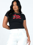 front view of model wearing Princess Polly Lucky You Cherry Tee Black Short Sleeves High Neck 