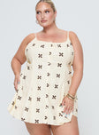 front view of model wearing Princess Polly Elian Linen Blend Mini Dress Cream / Multi Curve Square Neck 